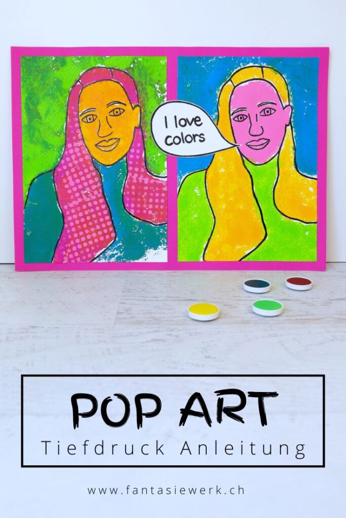 Pop Art Portrait drucken mit Kindern | Tiefdruck im Bildnerischen Gestalten | Unterrichtsidee Zeichnen Thema Roy Liechtenstein und Andy Warhol | von Fantasiewerk.ch