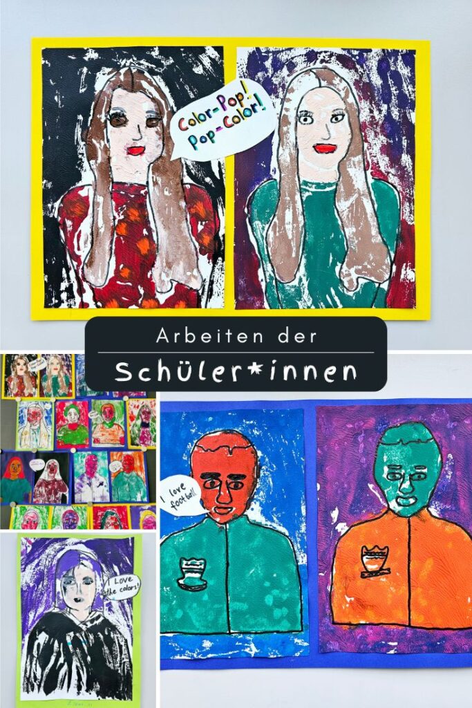 Pop Art Portrait drucken mit Kindern | Tiefdruck im Bildnerischen Gestalten | Unterrichtsidee Zeichnen Thema Roy Liechtenstein und Andy Warhol | von Fantasiewerk.ch